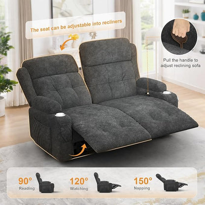 Reclining Loveseat, 55.1" RV PU Leather Wall Hugger Recliner Love Seats Sofa with Charging Station, Removable Armrest, Cup Holder, Double Recliners Couch, Manual Love Seat for Living Room
