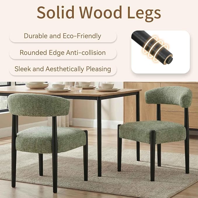VKNOW Wooden Dining Chairs Set of 2 with Black Rubberwood Legs, Green | Soft Chenille Fabric, Curved Open Back, Thickened Cushion, For Adults and Family, Dining Room, Kitchen, No Wobble