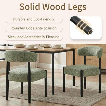 VKNOW Wooden Dining Chairs Set of 2 with Black Rubberwood Legs, Green | Soft Chenille Fabric, Curved Open Back, Thickened Cushion, For Adults and Family, Dining Room, Kitchen, No Wobble