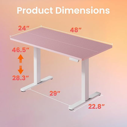 HUANUO Electric Standing Desk,48" x 24" Height Adjustable Desk, 4 Memory Height Settings, Sit to Stand Up Desk for Home Office, with Headphone Hook, Cable Manager, Pink