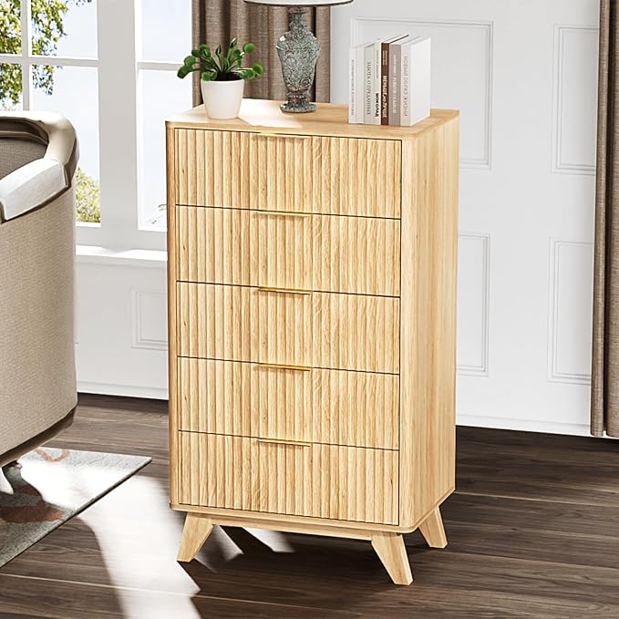 VINGLI Fluted Tall Dresser 5 Drawer, 23.66" W Chest of Drawers, Oak Wood Dresser for Bedroom Mid Century Modern with Rounded Edge, 23.66" W*15.6" D*44.88" H