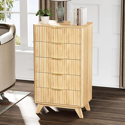 VINGLI Fluted Tall Dresser 5 Drawer, 23.66" W Chest of Drawers, Oak Wood Dresser for Bedroom Mid Century Modern with Rounded Edge, 23.66" W*15.6" D*44.88" H