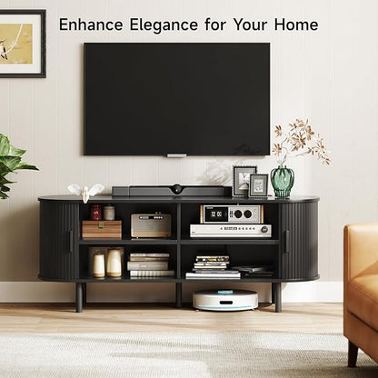 ONBRILL 55" TV Stand with Power Outlet for TVs up to 60 Inch, Entertainment Center with Storage and Adjustable Shelves, Modern Media Console with Sliding Doors for Living Room, Black