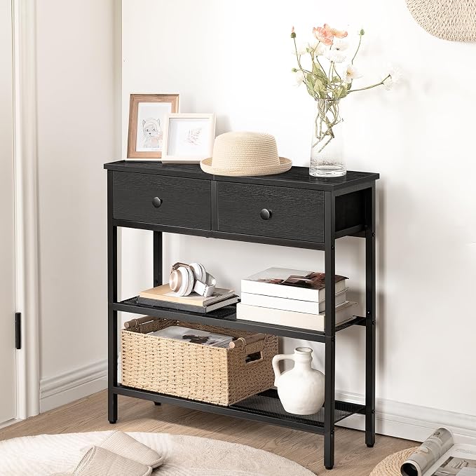 HOOBRO 29.5" Narrow Console Table with 2 Fabric Drawers, Sofa Table, Small Entryway Table with 3-Tier Storage Shelves, Behind Couch Table, for Living Room, Hallway, Black BB72XG01