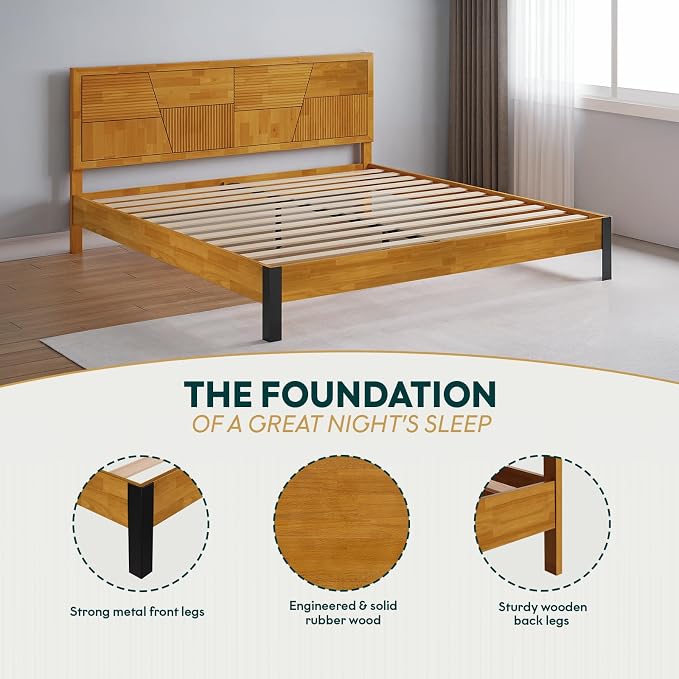 Bme Trapeze King Bed Frame – Modern Solid Wood Bed with Smooth Pattern Headboard, Black Metal Legs, Teak Brown Finish – Durable King Size Platform Bed for Contemporary Bedrooms