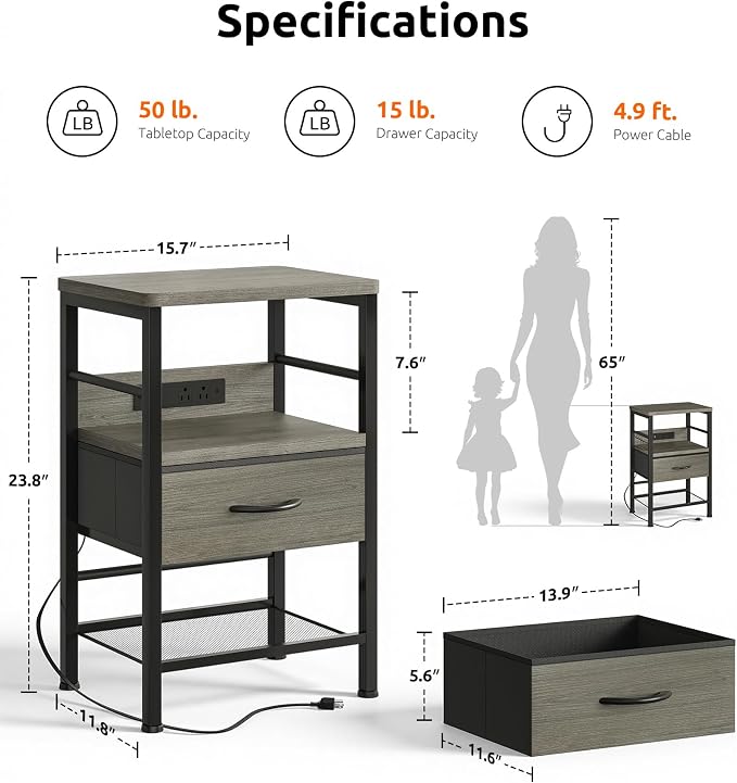 Lazzanto Nightstands Set of 2 with Charging Station, Bedside Tables with Open Shelf & Hooks, End Tables with USB-C USB-A Ports AC Outlets, Night Stand for Bedroom with Fabric Drawer, Grey