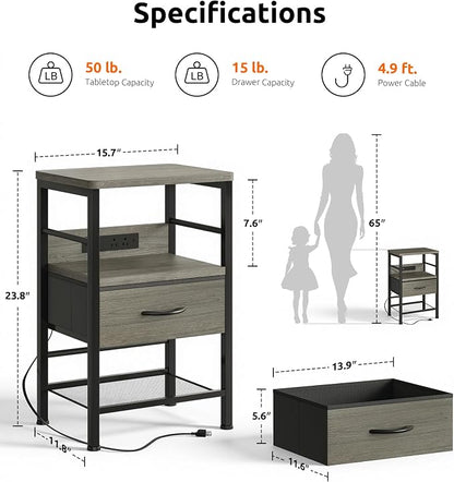 Lazzanto Nightstands Set of 2 with Charging Station, Bedside Tables with Open Shelf & Hooks, End Tables with USB-C USB-A Ports AC Outlets, Night Stand for Bedroom with Fabric Drawer, Grey