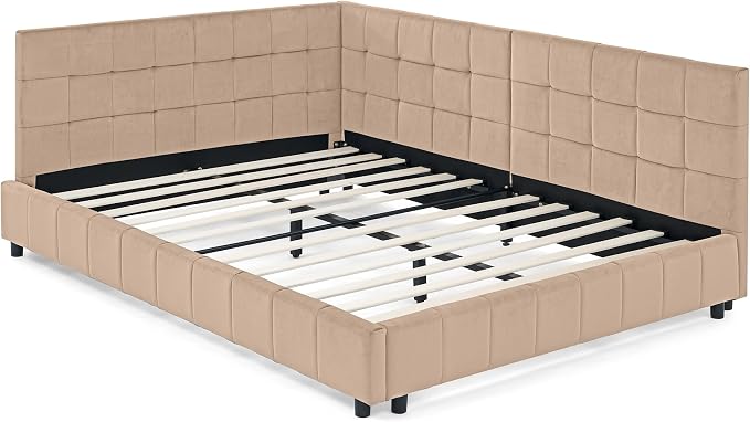 Bellemave Full Size Corner Bed Frame with Comfortable Backrest and Armrests, Velvet Tufted Corner Bed Frame Full Size, Upholstered Daybed for Bedroom, Living Room, Guest Room, Pink