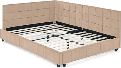 Bellemave Full Size Corner Bed Frame with Comfortable Backrest and Armrests, Velvet Tufted Corner Bed Frame Full Size, Upholstered Daybed for Bedroom, Living Room, Guest Room, Pink