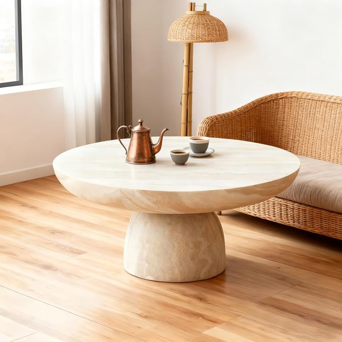 31.5" Round Marble Coffee Table, Modern Pedestal Coffee Table Faux Stone Drum Center Table with Base, Accent Concrete Side End Table for Living Room Apartment Home Office