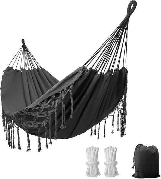 Double Boho Macrame Hammock with Elegant Tassels for Patio, Yard, Beach Wedding Decor, Outdoor and Indoor Up to 450lbs Include Tie Ropes and Drawstring Bag （Dark Grey）