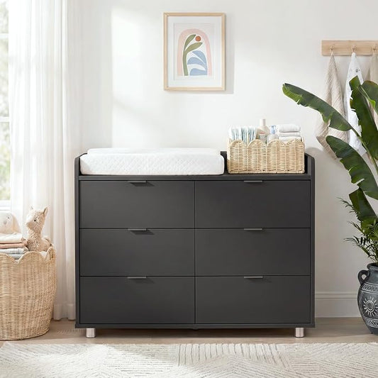 MAMAZING Keeva Pro 6-Drawer Baby Dresser with Changing Table, Easy Assembly | Black Wooden Nursery Dresser, Anti-Tip Design & Adjustable Feet, Dresser for Bedroom, Kids & Toddler Storage, 44" Wide