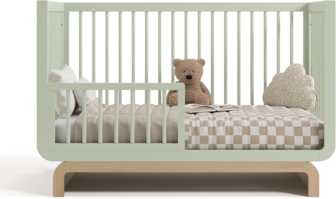Storkcraft Santorini Convertible Crib with Toddler Guardrail & Storkcraft 6-Inch Grow-with Me Premium Waterproof Dual-Sided Toddler Bed Mattress (Sage with Driftwood) – GREENGUARD Gold Certified
