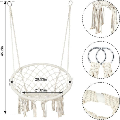 Macrame Hammock Chair Swing with Hardware Kits, Handmade Knitted Hanging Chair for Bedroom,Indoor,Outdoor, Balcony, Yard, Porch- 265 Pound Capacity -29.53" L x 29.53" W x 45.28" H