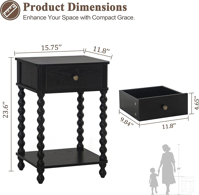 AWASEN Black Nightstand, Bedroom Side Table with Drawer for Living Room, Small Bedside End Table with Spindle Wood Legs for Bedroom, Office, Black