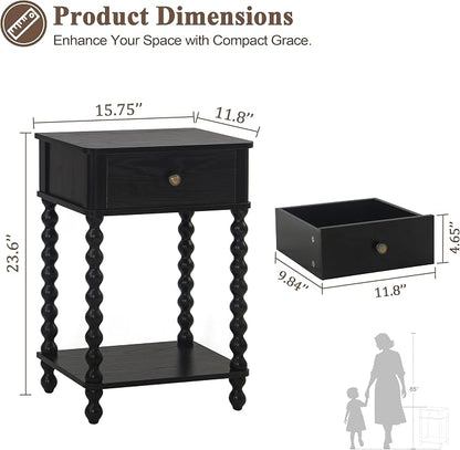 AWASEN Black Nightstand, Bedroom Side Table with Drawer for Living Room, Small Bedside End Table with Spindle Wood Legs for Bedroom, Office, Black