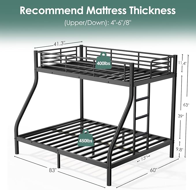 Bunk Beds Twin XL Over Full Size with 6" Mattresses Included, All-in-One Bunk Bed for Kids/Adults, Heavy Duty Sturdy Frame with Ladder Guardrail, with Memory Foam Mattresses, Black