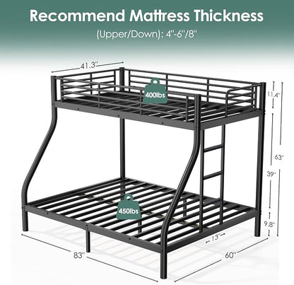 Bunk Beds Twin XL Over Full Size with 6" Mattresses Included, All-in-One Bunk Bed for Kids/Adults, Heavy Duty Sturdy Frame with Ladder Guardrail, with Memory Foam Mattresses, Black