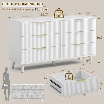 Lulive White Dresser for Bedroom Wood Dressers Chest of Drawers, Fluted 53.2" Wide Modern Long Dresser TV Stand 6 Drawers for Bedroom, Closet, Living Room, Hallway (White)