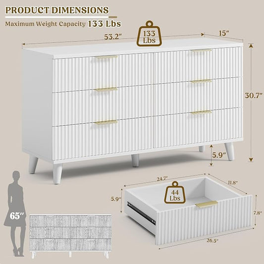 Lulive White Dresser for Bedroom Wood Dressers Chest of Drawers, Fluted 53.2" Wide Modern Long Dresser TV Stand 6 Drawers for Bedroom, Closet, Living Room, Hallway (White)