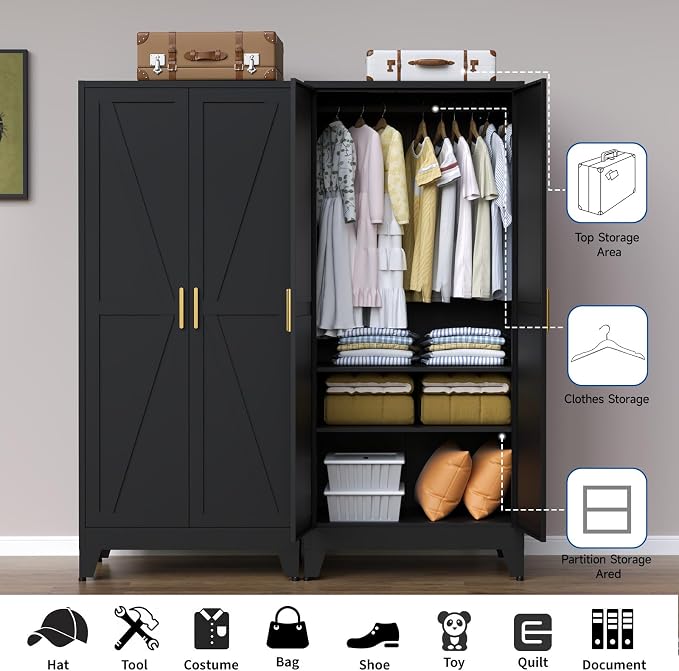 71" Heavy Duty Steel Armoire Wardrobe Closet, Black Metal Clothing Storage Cabinet with 2 Magnetic Doors & Adjustable Shelves, Waterproof Hanging Rod Cabinet