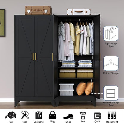 71" Heavy Duty Steel Armoire Wardrobe Closet, Black Metal Clothing Storage Cabinet with 2 Magnetic Doors & Adjustable Shelves, Waterproof Hanging Rod Cabinet
