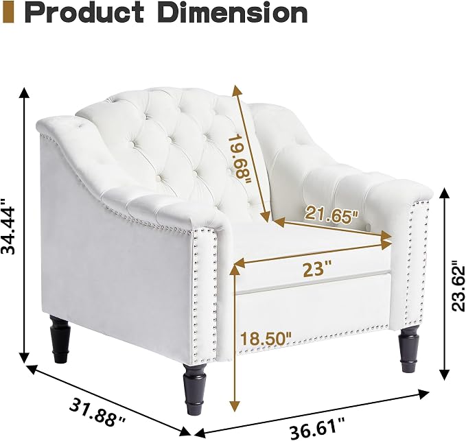 LEVNARY White Velvet Chair for Bedroom, Upholstered Sofa Chair with High Back, Mid-Century Modern Armchair with Solid Wood Legs, Single Couches for Living Room (White)