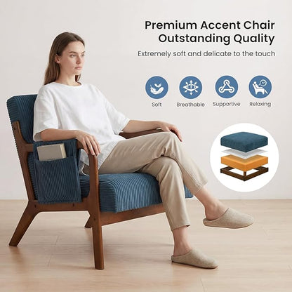 DUMOS Accent Chairs Set of 2, Mid Century Modern Accent Chair with Lumbar Pillow and Solid Wood Frame, Upholstered Armchair Reading Chair for Living Room, Bedroom, Navy Blue