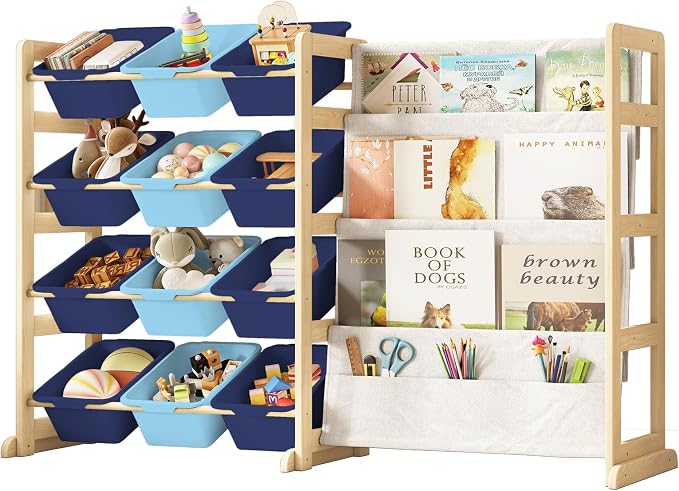 EXPERLAM Toy Storage Organizer with Bookshelf - 12 Storage Bins 4-Tier Multipurpose Shelf to Organize Toys and Books for Kids Room, Playroom, Nursery Room, Blue