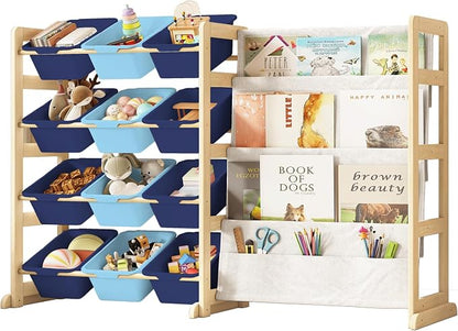 EXPERLAM Toy Storage Organizer with Bookshelf - 12 Storage Bins 4-Tier Multipurpose Shelf to Organize Toys and Books for Kids Room, Playroom, Nursery Room, Blue