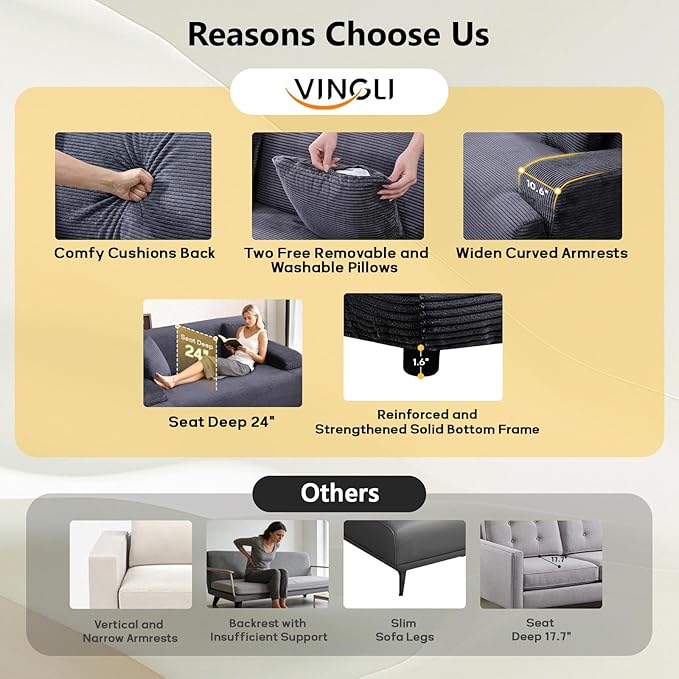 VINGLI 72" W Boneless Loveseat Sofa, Cloud Corduroy Couch in a Box, Compressed Deep Seat Sofa with 10.6" Wide Curved Armrests, Easy Assembly Required for Living Room, Apartments & Office, Dark Grey