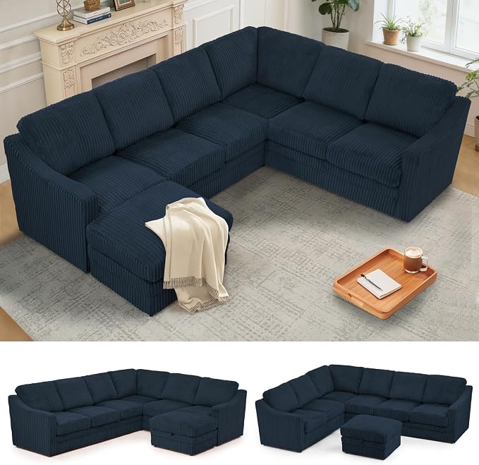 115 Inches Corduroy Sectional Sofa with Storage Ottoman, Modern 7 Seats Corner Couch with Deep Seat, Comfy Modular U Shaped Couch with Comfortable Cushions for Living Room, Blue