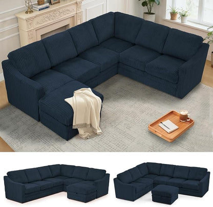 115 Inches Corduroy Sectional Sofa with Storage Ottoman, Modern 7 Seats Corner Couch with Deep Seat, Comfy Modular U Shaped Couch with Comfortable Cushions for Living Room, Blue