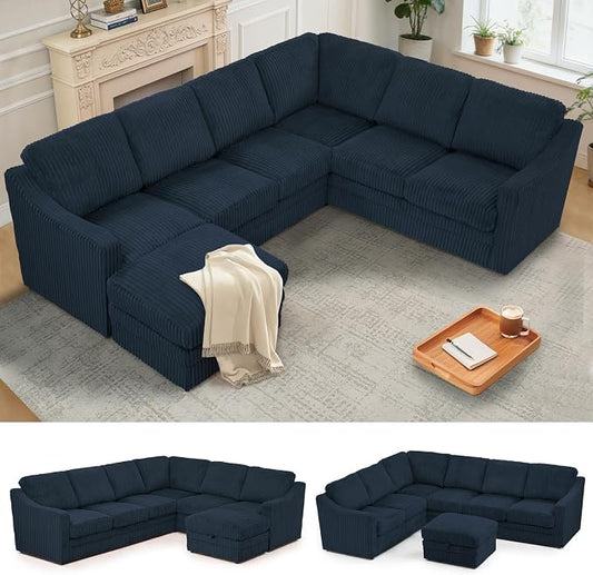 115 Inches Corduroy Sectional Sofa with Storage Ottoman, Modern 7 Seats Corner Couch with Deep Seat, Comfy Modular U Shaped Couch with Comfortable Cushions for Living Room, Blue