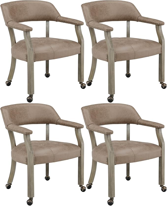 LEEMTORIG Set of 4 Dining Chairs with Casters and Arms, Rolling Dining Chairs with Wheels for Elderly, Ergonomic Wide Seat Wood Office Chairs, 26"Dx25.2"W, Grey Legs&Yellowish Brown Fabric SY-1318-LT