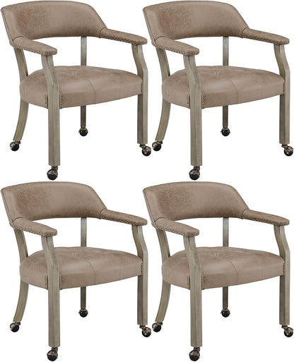 LEEMTORIG Set of 4 Dining Chairs with Casters and Arms, Rolling Dining Chairs with Wheels for Elderly, Ergonomic Wide Seat Wood Office Chairs, 26"Dx25.2"W, Grey Legs&Yellowish Brown Fabric SY-1318-LT