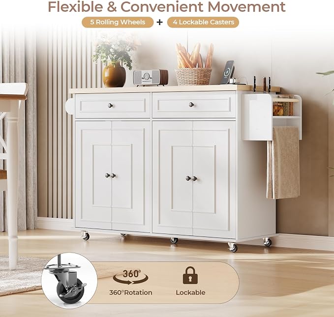 58 Inch Kitchen Island with Storage Cabinet, Island Table for Kitchen, Rolling Islands Cart with Power Outlet, Adjustable Shelves, Drawers, Spice and Towel & Knife Racks, White