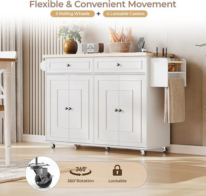 58 Inch Kitchen Island with Storage Cabinet, Island Table for Kitchen, Rolling Islands Cart with Power Outlet, Adjustable Shelves, Drawers, Spice and Towel & Knife Racks, White