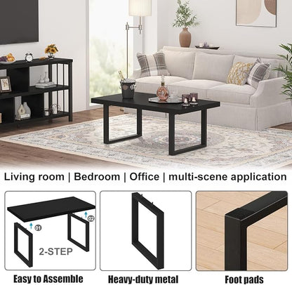 IBF Modern Black Coffee Table, Minimalist Industrial Wooden Center Table, Simple Farmhouse Rectangle Living Room Table, Wood and Metal Cocktail Coffee Table for Home Bedroom Office, Black Oak, 47 Inch
