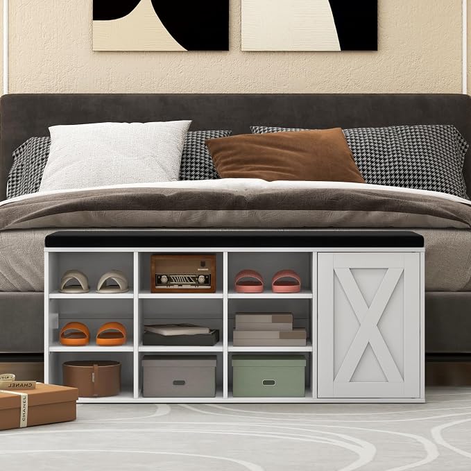 Tangkula Shoe Storage Bench with Padded Cushion, 3-Tier Entryway Bench with 9 Compartments, Adjustable Shelves, Closet, 9-Cube Shoe Organizer for Entryway, Hallway, Bedroom (White)
