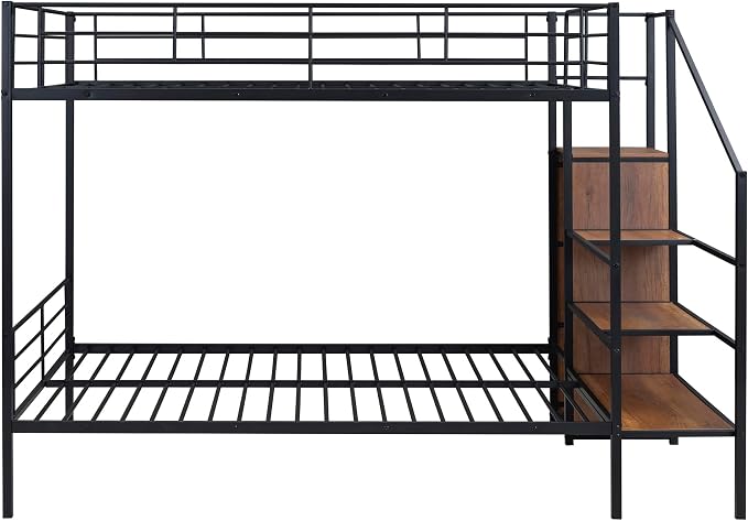 Bellemave Bunk Bed Full Over Full，Metal Bunk Bed with Storage Stairs and Wardrobe, Bunk beds for Adults/Kids/Teens, Black