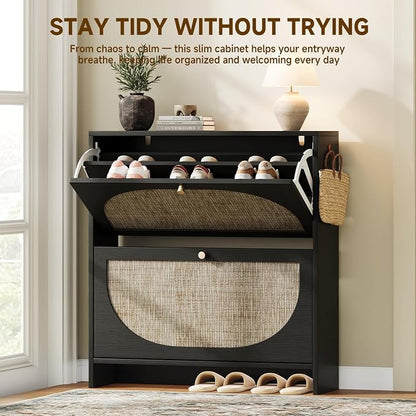 Nicetree Shoe Organizer for Entryway, Slim Shoe Rack with 2 Flip Drawers, Modern Boho Rattan Shoe Cabinet Storage for Entryway, Narrow Shoe Cabinet with Adjustable Shelves for Small Spaces, Black