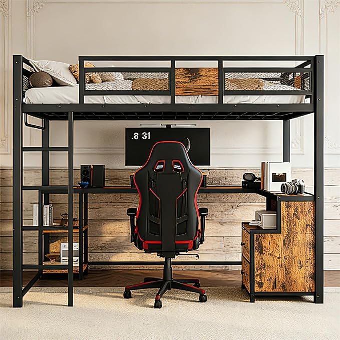 Bellemave Full Loft Bed with Desk & Storage Fabric Drawers, Shelves, Heavy Duty Full Size Metal Loft Bed Frame for Adults & Teens, Space Saving Bed for Small Room, Dorm & Apartment, Black