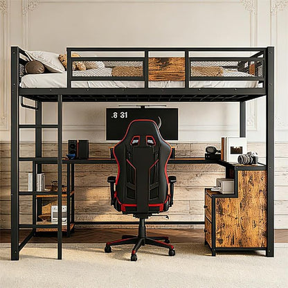 Bellemave Full Loft Bed with Desk & Storage Fabric Drawers, Shelves, Heavy Duty Full Size Metal Loft Bed Frame for Adults & Teens, Space Saving Bed for Small Room, Dorm & Apartment, Black