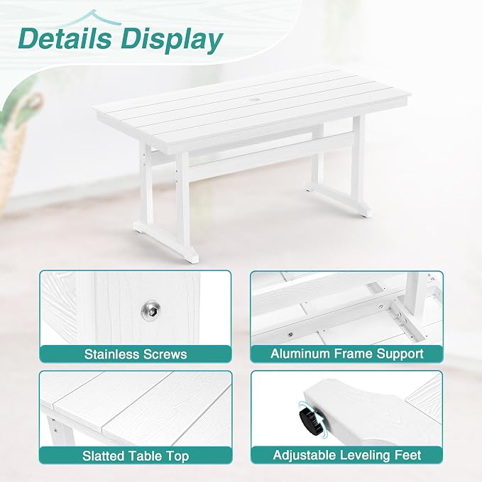 Rectangle Outdoor Dining Tables for 6, HDPS Weather Resistant Patio Dining Table, 66" Outdoor Tables with 1.96" Umbrella Hole for Porch, Balcony, Backyard, White