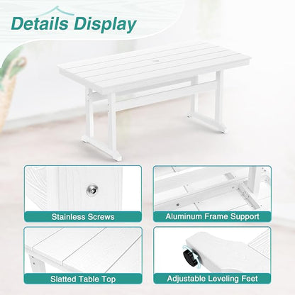 Rectangle Outdoor Dining Tables for 6, HDPS Weather Resistant Patio Dining Table, 66" Outdoor Tables with 1.96" Umbrella Hole for Porch, Balcony, Backyard, White