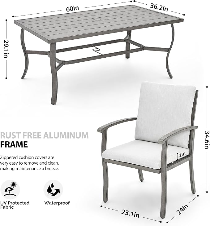 HAPPATIO 7 Piece Patio Dining Set, Aluminum Outdoor Dining Set for 6, Aluminum Dining Table and Chairs Set, Patio Furniture with Table, Chairs and Washable Cushions (Gray)