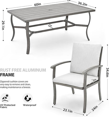 HAPPATIO 7 Piece Patio Dining Set, Aluminum Outdoor Dining Set for 6, Aluminum Dining Table and Chairs Set, Patio Furniture with Table, Chairs and Washable Cushions (Gray)