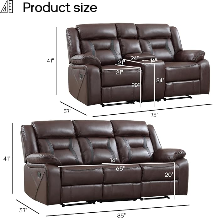 EBELLO Manual Recliner Sofa Set, Faux Leather Reclining Living Room Furniture Set, Included Loveseat and 3 Seat Manual Recliner Sofa, Dark Brown(Loveseat+Sofa)