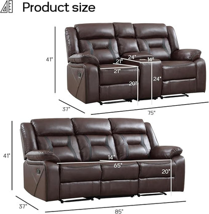 EBELLO Manual Recliner Sofa Set, Faux Leather Reclining Living Room Furniture Set, Included Loveseat and 3 Seat Manual Recliner Sofa, Dark Brown(Loveseat+Sofa)